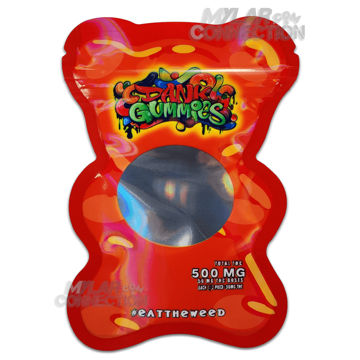 A colorful, bear-shaped Mylar bag packaging for Dank Gummies with a window showing the silver interior. It has text indicating 500mg and cannabis infusion.