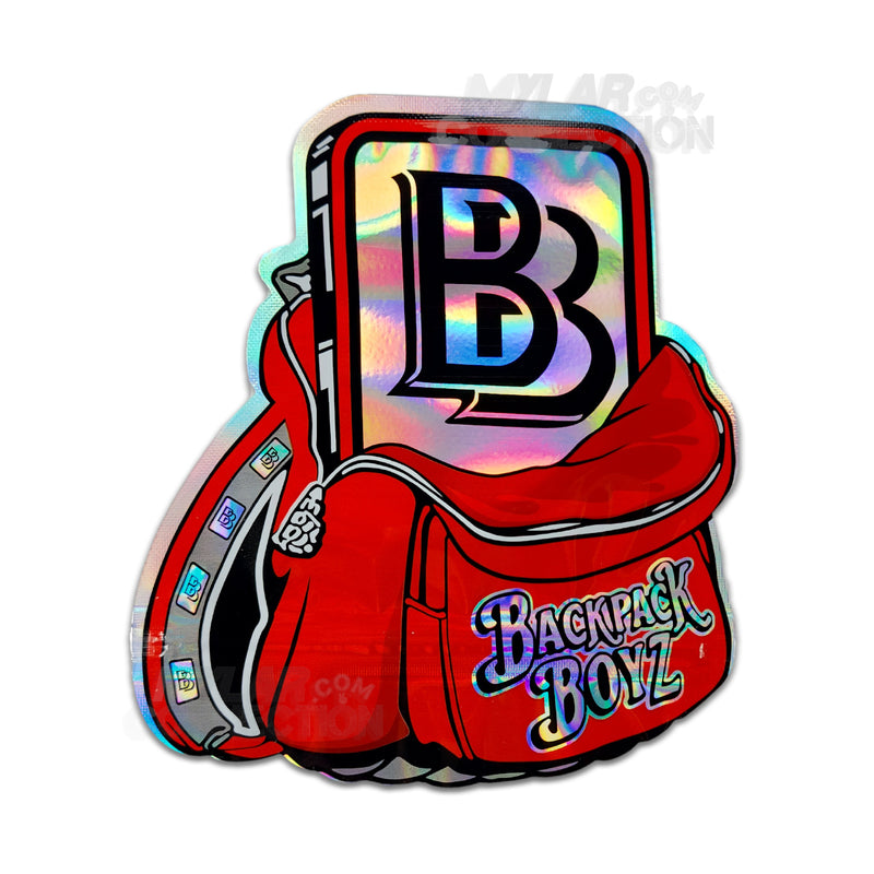 Front of Red Backpack Shaped 5"x6" Die Cut Resealable Mylar Bag